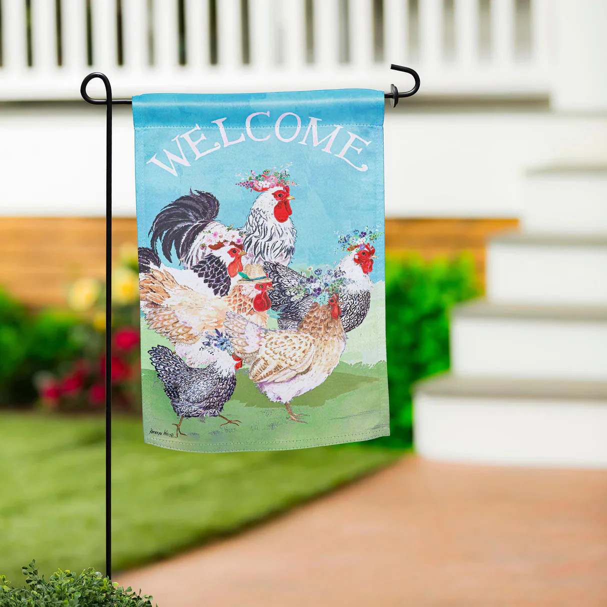 Evergreen Floral Chickens Suede Garden Flag - Image 2